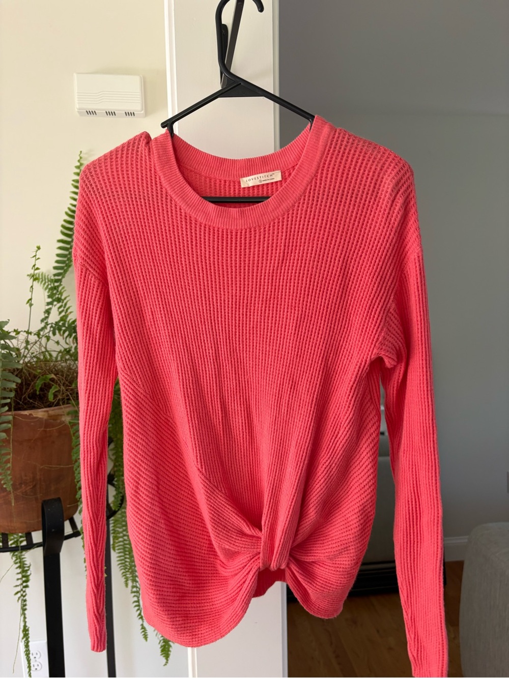 lovestitch Coral Pink Waffle Knit Long Sleeve Top with Front Tie